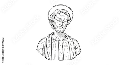 Bust of a Saint with Halo, Line Art Drawing, Religious Iconography, Christian Art