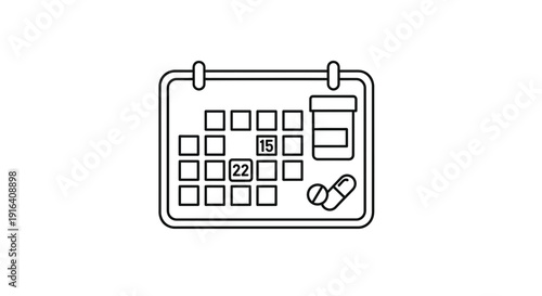 Calendar with Pills and Pill Bottle: Medical Treatment Schedule Icon