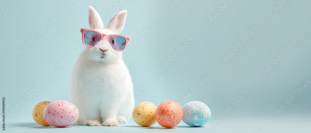 Fototapeta premium Cool Easter Bunny with Pastel Eggs. Easter Bunny's Playful Easter: A whimsical and joyous Easter bunny sports sunglasses, colorful eggs amidst a vibrant and fresh setting
