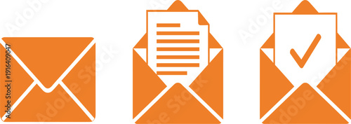 Email Envelope Icon Set with Open Mail, Document Message and Check Mark Symbols for Communication, Newsletter, Inbox and Business Correspondence Design