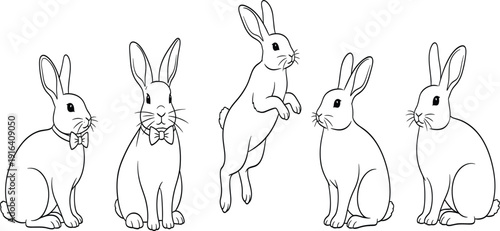 Elegant Rabbit Line Art Illustration Set Featuring Bunny Characters Wearing Bow Ties in Various Poses for Easter Invitations, Formal Pet Events, and Sophisticated Animal Branding