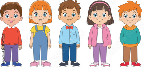 Cute cartoon children character collection, smiling boys and girls isolated, colorful kids vector illustration set for education