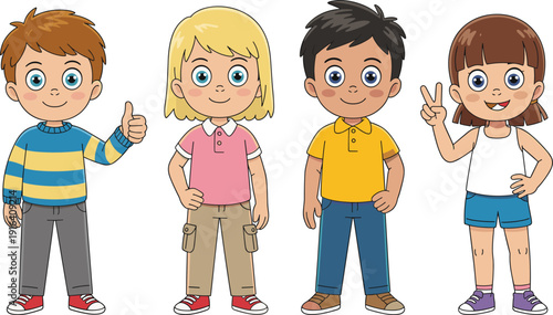 Cute cartoon children characters set, smiling boys and girls isolated on white background, colorful kids vector illustration