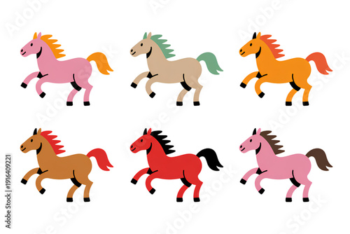 A vibrant illustration of six colorful horses running in a row on a white background isolated on transparent background