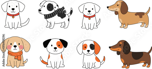 Large Collection of Realistic Dog Breeds Vector Set Featuring Husky, German Shepherd, Corgi, Pug, Beagle, and Poodle for Veterinary Clinics, Pet Care, and Animal Infographics