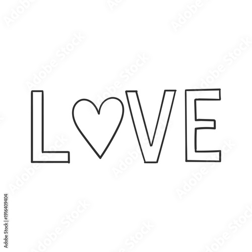 Black and white line drawing of love with heart replacing o