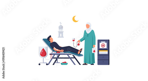 A man donates blood to a doctor in a serene hospital environment at night, highlighted by soft lighting.