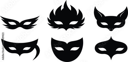 Masquerade Mask Silhouette Icon Set with Carnival, Superhero and Fantasy Face Cover Symbols for Party, Festival and Costume Design
