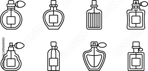 A collection of eight distinct perfume bottle outlines and two smaller circular designs all in black and white high-quality professional