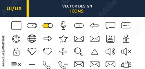 Modern Thin Line UI UX Icon Set with Yellow Accents for Web and Mobile App Navigation, Communication, Multimedia, and Essential Interface User Experience Designs