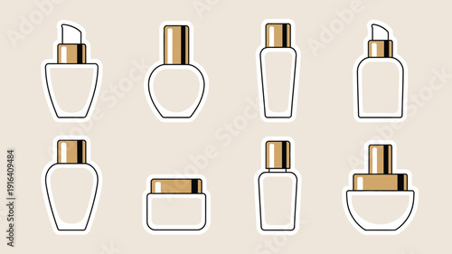 A collection of cosmetic containers including bottles and jars outlined in gold and white presented in a grid high-quality professional