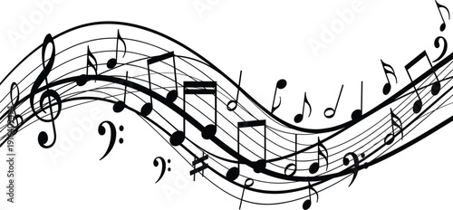 Musical Notes Wave Banner with Treble Clef and Staff Lines for Music Festival, Sound Design, Audio Entertainment and Melody Concept Background