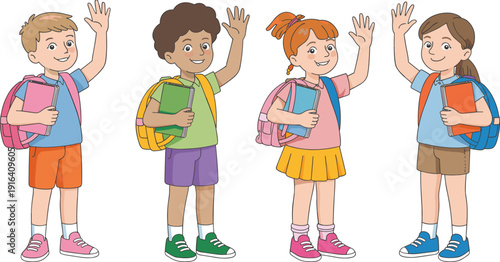 Happy cartoon school children waving hands, boys and girls with backpacks and books, colorful kids vector illustration