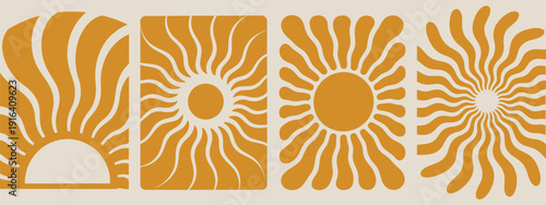 A row of four abstract sun designs in varying shapes and sizes all in a warm golden orange hue high-quality
