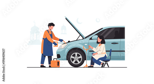 Illustration of a mechanic working on a car with the hood up while a woman sits nearby, relaxed, in a casual outdoor setting.