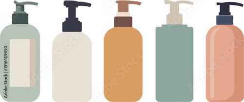 A colorful collection of pump bottles varying in shape and hue are neatly arranged in a row high-quality professional detailed