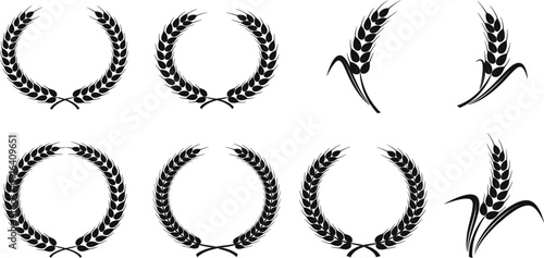 Professional Collection of Black Laurel Wreaths and Wheat Ear Circular Frames for Award Certificates, Quality Labels, Heraldry Emblems, and Agricultural Product Branding Designs