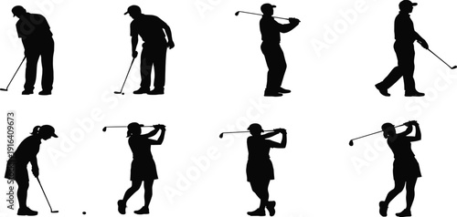 Professional Golf Player Silhouette Collection with Male and Female Golfers Performing Swings, Putting, and Walking for Sports Marketing and Country Club Graphic Designs