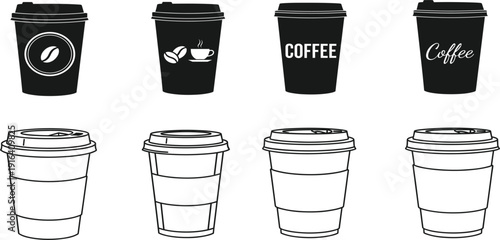 Takeaway Coffee Cup Icon Set with Paper To-Go Mug Silhouettes and Line Art Outlines for Cafe Branding, Breakfast Menus, and Coffee Shop Identity Designs