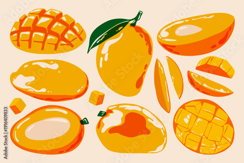 Abstract mango set. Ripe tropical fruits with leaf, decorative mango slices riso print effect, vintage fruit elements for natural organic product packaging design. Vector collection