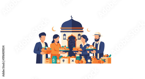 People distributing food and donations near a mosque under crescent moonlight, symbolizing charity and community during Ramadan.