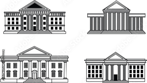 Classic courthouse and government building icons set with columns facade architecture vector illustration
