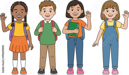 Diverse cartoon school children characters set, happy smiling boys and girls with backpacks isolated on white background vector illustration