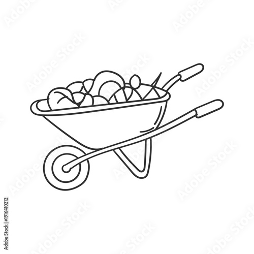 A black and white line drawing of a wheelbarrow