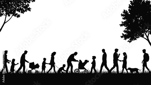 Family generation silhouettes walking together showing life cycle parenting childhood aging support isolated on white background panoramic stock illustration