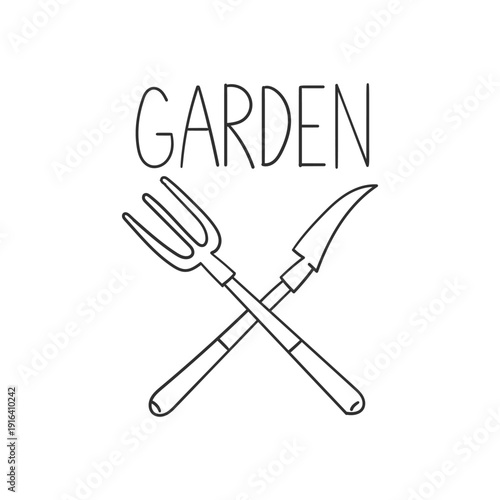 A black and white line drawing of gardening tools