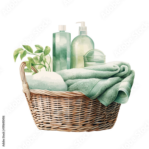 Watercolor Illustration of a Spa Gift Basket with Rolled Towels and Green Toiletries