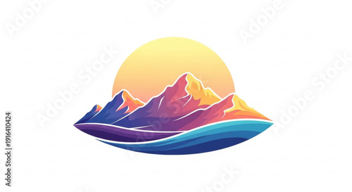 Vibrant mountain landscape with sunset over colorful ocean waves