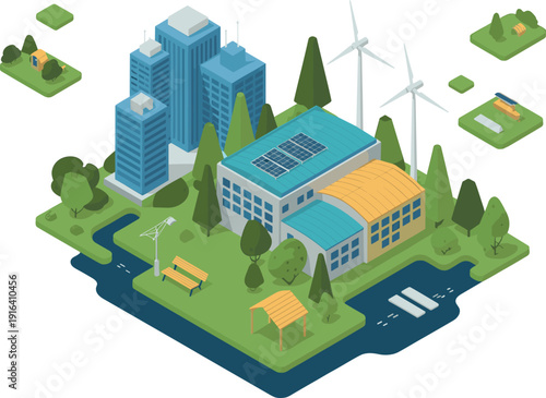 Isometric eco smart city with solar powered buildings wind turbines urban park water features and sustainable energy landscape illustration