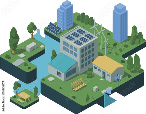 Isometric eco city with solar powered buildings wind turbines green landscape and sustainable urban renewable energy infrastructure illustration