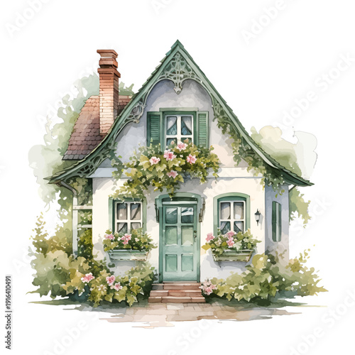 Watercolor Illustration of a Charming English Cottage with Green Shutters and Pink Rose Window Boxes