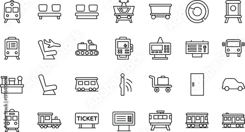 Public transportation icons set including train bus tram ticket station and passenger symbols