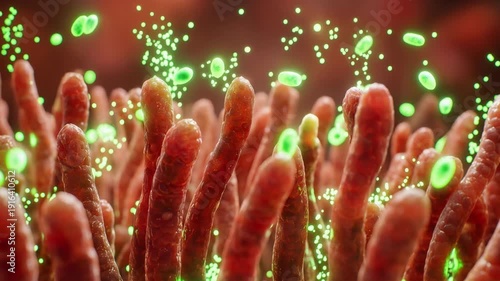 Glowing green particles drift above red intestinal villi in a microscopic view of gut absorption and microbiome