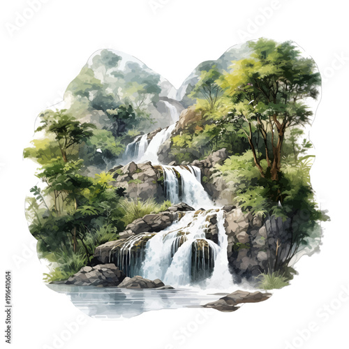 Watercolor Illustration of a Tiered Tropical Waterfall Cascading Down Rocky Cliffs in a Lush Forest