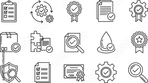 Quality assurance and certification icons set with checklist badge shield and approval symbols