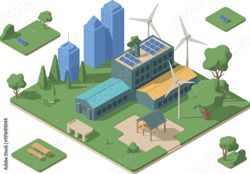 Isometric renewable energy smart city with solar powered buildings wind turbines green park and sustainable urban landscape illustration