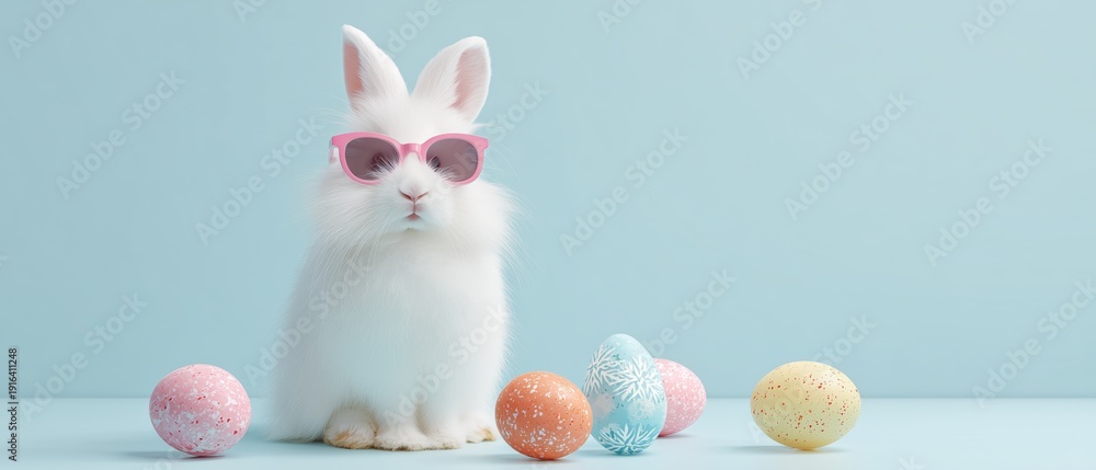Fototapeta premium Cool Easter Bunny with Pastel Eggs. Easter Bunny's Playful Easter: A whimsical and joyous Easter bunny sports sunglasses, colorful eggs amidst a vibrant and fresh setting