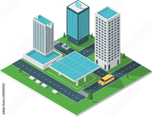 Isometric smart city intersection with modern skyscrapers solar canopy electric transport and sustainable urban infrastructure illustration design
