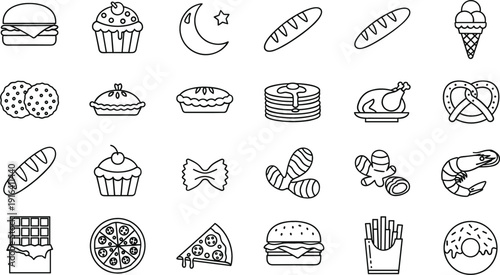 Bakery and fast food icons set including burger pizza bread cupcake and dessert vector