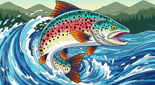 Dynamic Vector Illustration of a Rainbow Trout Leaping Through Crashing Waves, Capturing the Thrill of Fishing