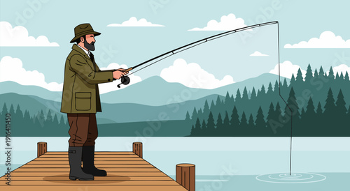 Vector illustration of a man fishing from a wooden pier with mountains and trees in the background, representing a peaceful outdoor activity