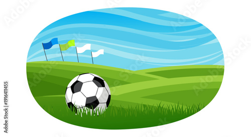 Soccer ball on green field vector illustration with flags