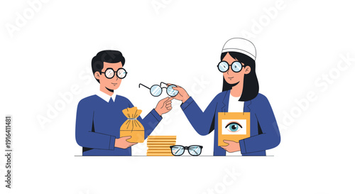 Illustration of an optometrist and patient exchanging eyeglasses, with a money bag and eye chart on the table, symbolizing vision care and financial transaction.