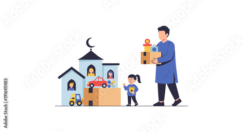 A heartwarming scene of a father and daughter assembling a toy house together, featuring a crescent moon, on a clean white background.