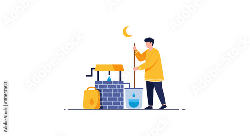 A serene illustration of a man drawing water from a brick well under the soft glow of a crescent moon at night.