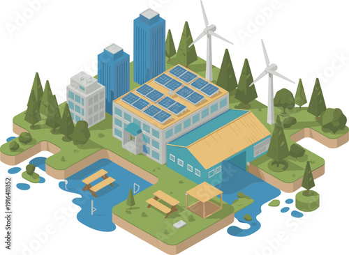 Isometric sustainable city block with solar panels wind turbines eco buildings and green park, renewable energy urban illustration